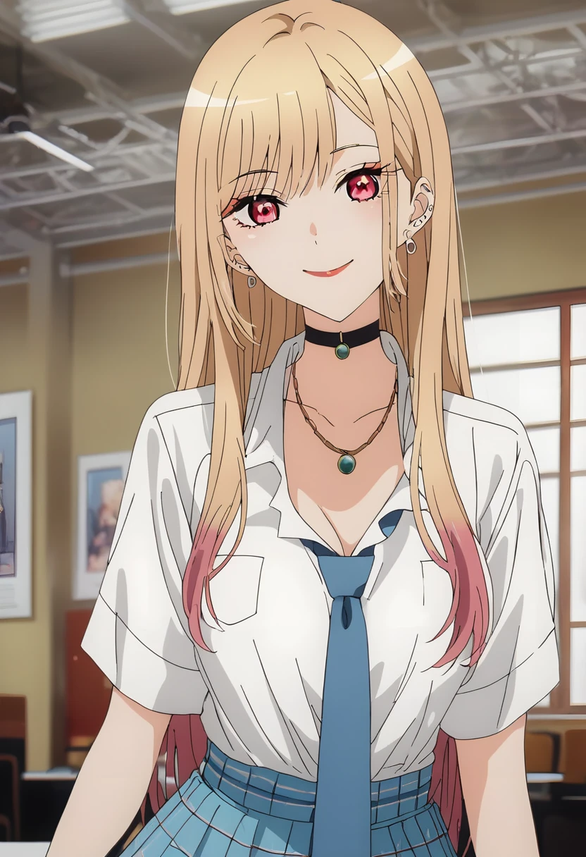 (score_9_superior, score_8_superior, score_7_superior), (masterpiece, Highest quality, Super detailed, Intricate details, source anime, High resolution, Smooth lines,nsfw), Kitagawa Marine, One girl, alone, Long Hair, chest, View your viewers, smile, bangs, Blonde, large chest, Red eyes, jewelry, medium chest, Multicolored Hair, Earrings, choker, necklace, black choker, Earrings, ear Earrings,nsfw,maid , White shirt, tie shirt, Blue tie, Checked skirt, anime,