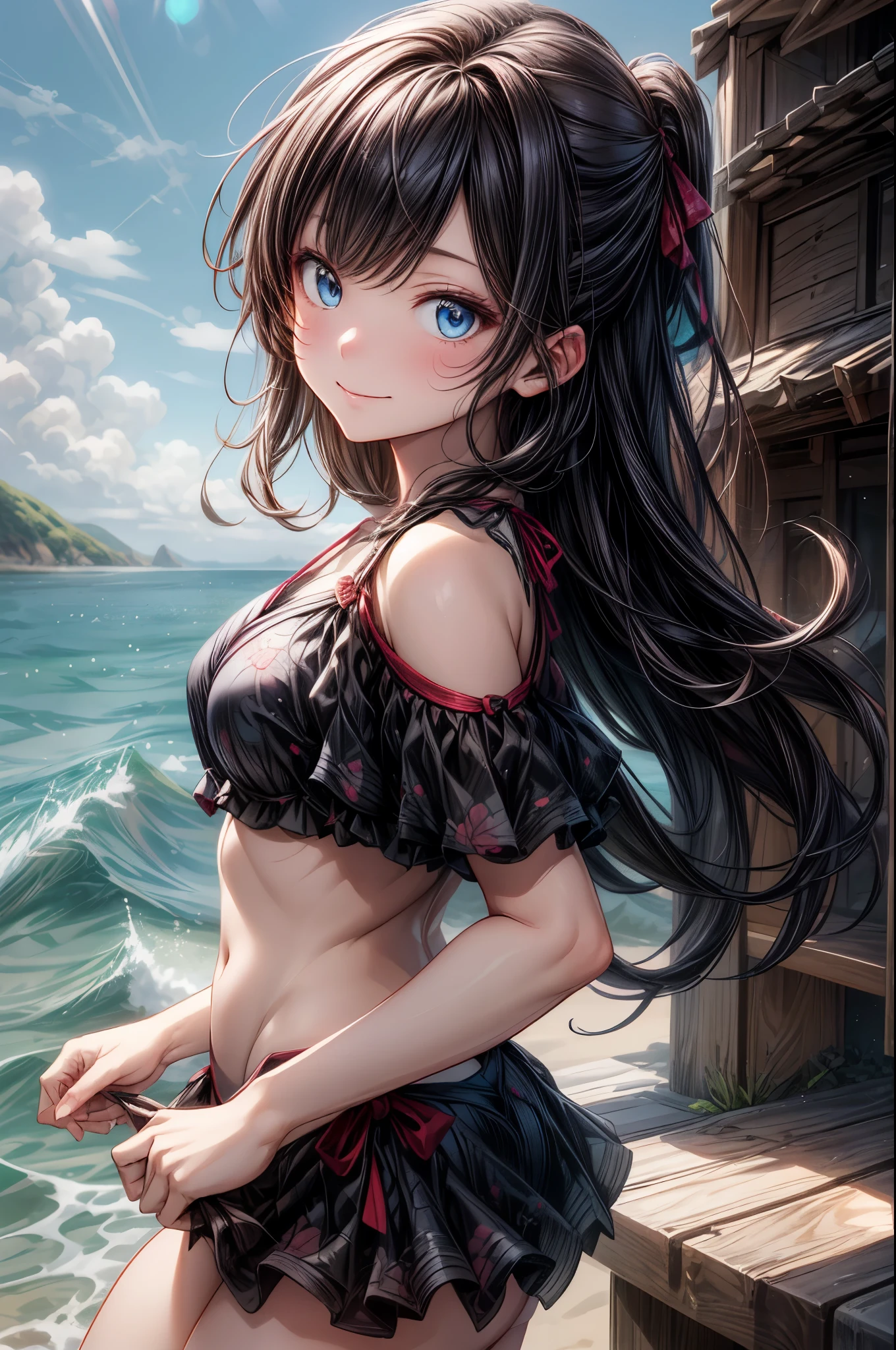 masterpiece, best quality, extremely detailed CG unity 8k wallpaper, Floating on your back in the sea、Bikini Skirt, Pink Bikini、 Golden Ratio、 sunny, blue sky, Outdoor, 斬新なデザインのSwimwear, 色とりどりのSwimwear, Polka dot pattern, Floral,(Tabletop.Highest quality).(Cowboy Shot). (Amazingly detailed CG paintings),(Perfect Image)、smile, smile, Comic Strip, ((Two Girls)), Detailed face、Perfect Face.Delicate face、Textured skin、Colorful hair colors, Cat ear girl、((Beautiful Blue Eyes)).Delicate and beautiful eyes、The eyes are detailed、Reflective Eyes、Watery eye、smile.(Gazing at the audience:1.3).(My face got a little red:0.8)、8k wallpaper、(((Cowboy Shot)))、reflected light、Attention to detail、Complex、Delicate background、Textured skin、Detailed skin、Swimwear, ((カラフルなSwimwear)), リアリスティックなSwimwear, 質感のあるSwimwear, 超高精細なSwimwear, ((Realistic Ocean)), ribbon, Floral, Aloha pattern, One Shoulder, カラフルなSwimwear, クリスタルなSwimwear, Lens flare