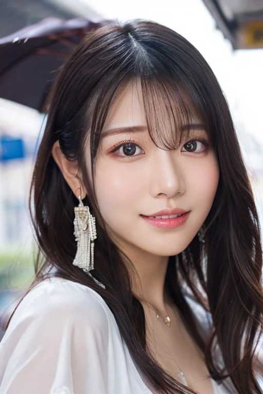 This is a photo taken from a slightly lower position at a bus stop during a sudden heavy rain, capturing the whole body of a woman sheltering from the rain. She resembles a K-pop idol Jung Wonyoung, with slightly drooping, rounded eyes, eyebrows gently slanting downwards towards the outer corners, and foggy eyes adorned with natural makeup. Her beautiful layered brown hair has both youth and beauty, she wears a white oversized shirt with all the buttons unbuttoned, her whole body is soaked, and water droplets shine on her beautiful skin. She also wears large earrings and a sparkling necklace on the neckline, adding a refreshing sensuality to her overall look. Smiling with embarrassment while hanging wet hair over her ears, she has an incredibly perfect figure with an accentuated bust that also has an F cup, and exudes sensual charm with her long, beautiful legs and thin waist.