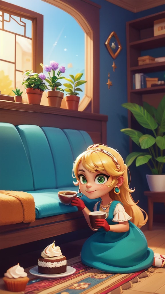 Concept Art,character illustration of a,European and American cartoons,(whole body:1.5),Mid-Long View,carpet,(Puppy lying on the floor),shoe,(一个20岁的金发女生悠闲的sit在living room,blonde,Holding a cup of coffee:1.5),A laid-back expression,Relax,Leisure,European and American cartoons,1 Girl,freckle,Solitary,Jewelry,Green Eyes,Weaving,earrings,twin Weavings,necklace,Looking at the audience,,plant,Puff sleeves,bracelet,Smile,Long hair,puffy short sleeve,Necklace,dress,flower,Coffee cup,Gloves,earrings,Jewelry,肘部Gloves,cup,,sit,sofa,window,cake,小cake,sofa,living room,solo