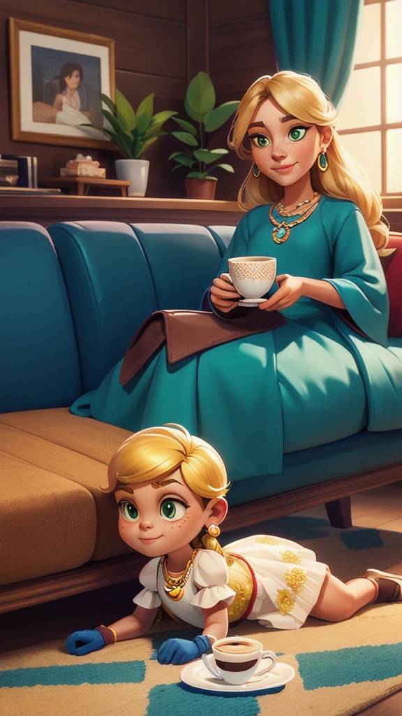Concept Art,character illustration of a,European and American cartoons,(whole body:1.5),Mid-Long View,carpet,(Puppy lying on the floor),shoe,(一个20岁的金发女生悠闲的sit在living room,blonde,Holding a cup of coffee:1.5),A laid-back expression,Relax,Leisure,European and American cartoons,1 Girl,freckle,Solitary,Jewelry,Green Eyes,Weaving,earrings,twin Weavings,necklace,Looking at the audience,,plant,Puff sleeves,bracelet,Smile,Long hair,puffy short sleeve,Necklace,dress,flower,Coffee cup,Gloves,earrings,Jewelry,肘部Gloves,cup,,sit,sofa,window,cake,小cake,sofa,living room,solo