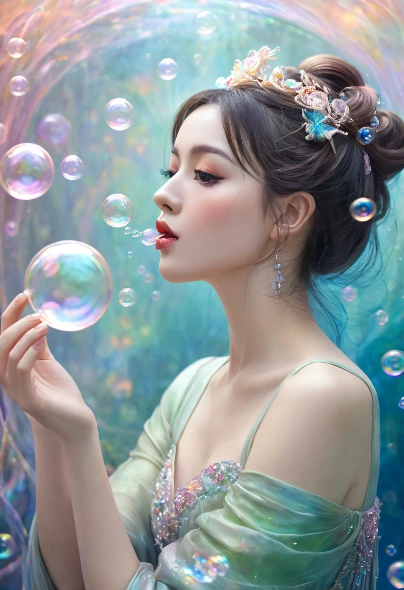 A painting,The painting shows a woman in a dress blowing bubbles, Loish and Wallop, ethereal bubbles, Mobis + Loish + Wallop, Dreamy and detailed, intricate Wallop, closeup fantasy with water magic, fairytale artwork, fairytale painting, Anna Dittmann (Anna Dittmann) style, Wallop art, Realistic fantasy, Artgerm Julie Bell Beeple