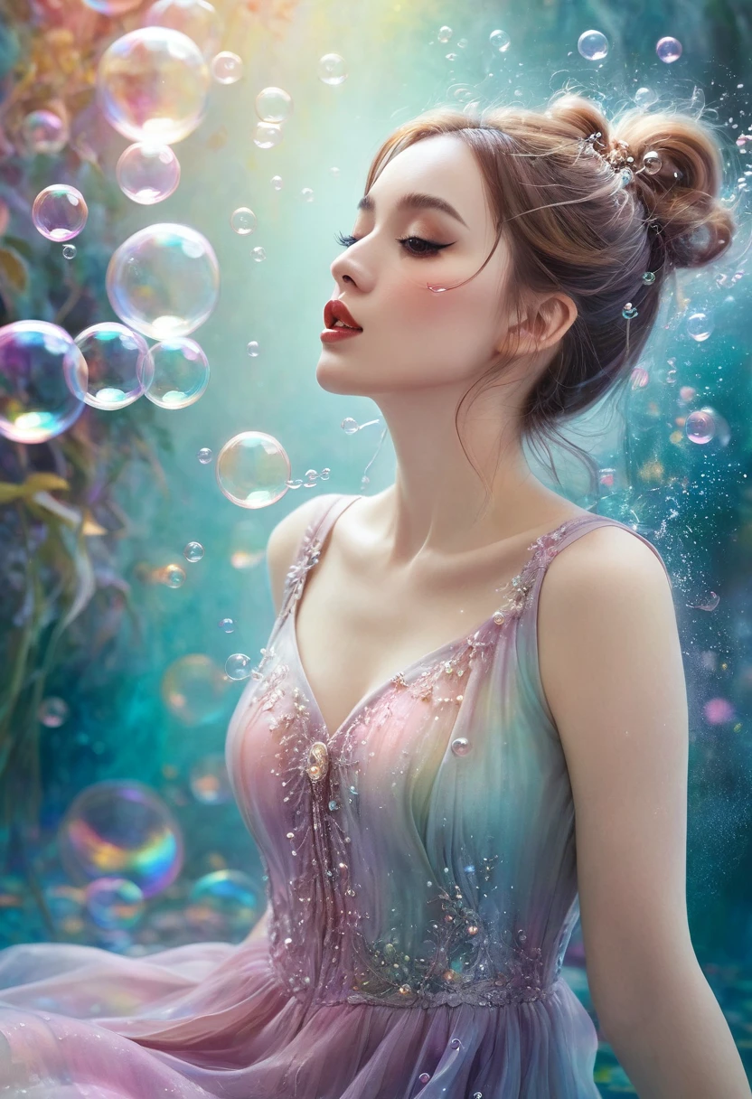 A painting，The painting shows a woman in a dress blowing bubbles, Loish and Wallop, ethereal bubbles, Mobis + Loish + Wallop, Dreamy and detailed, intricate Wallop, closeup fantasy with water magic, fairytale artwork, fairytale painting, Anna Dittmann (Anna Dittmann) style, Wallop art, Realistic fantasy, Artgerm Julie Bell Beeple