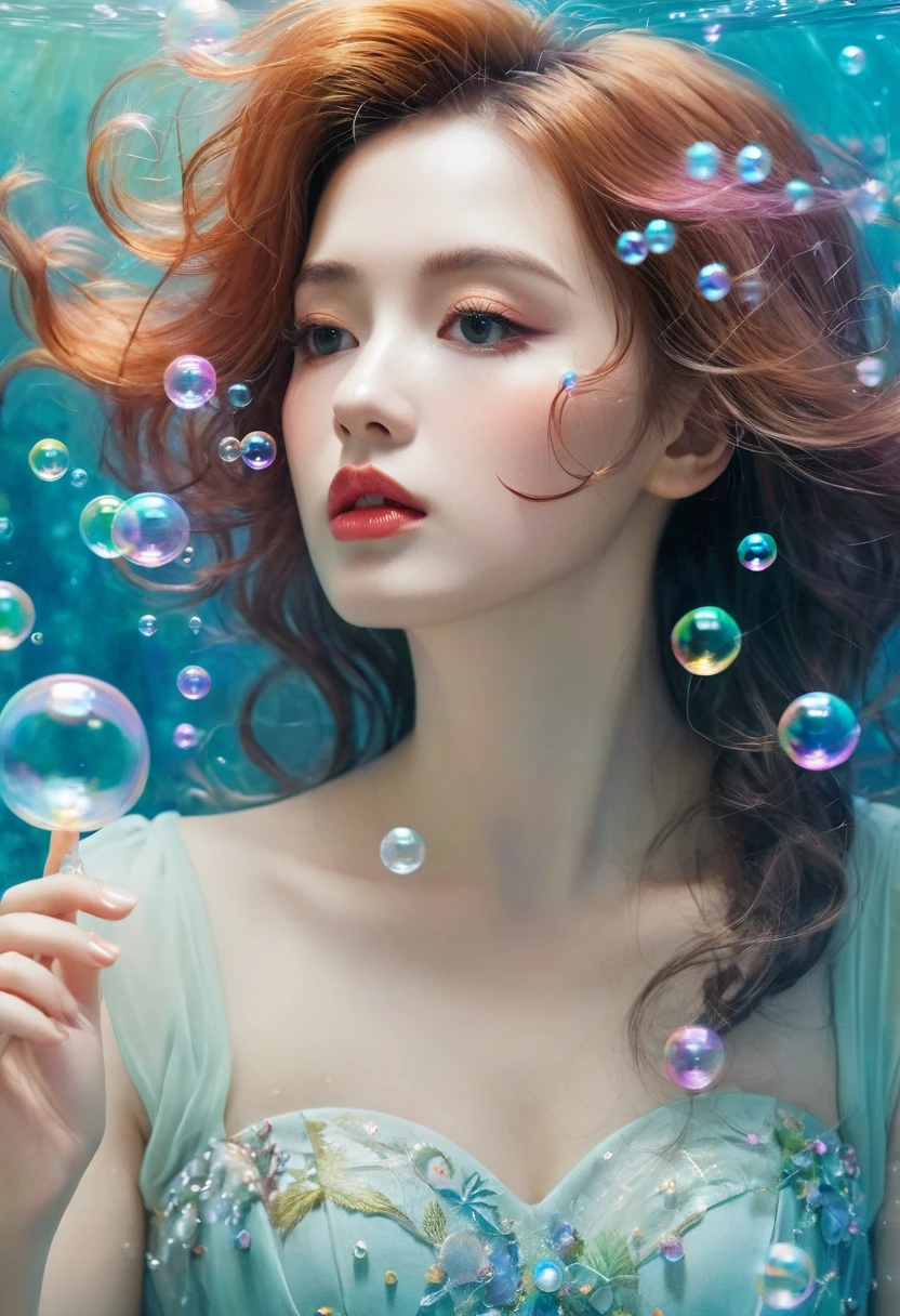 A painting,The painting shows a woman in a dress blowing bubbles, Loish and Wallop, ethereal bubbles, Mobis + Loish + Wallop, Dreamy and detailed, intricate Wallop, closeup fantasy with water magic, fairytale artwork, fairytale painting, Anna Dittmann (Anna Dittmann) style, Wallop art, Realistic fantasy, Artgerm Julie Bell Beeple