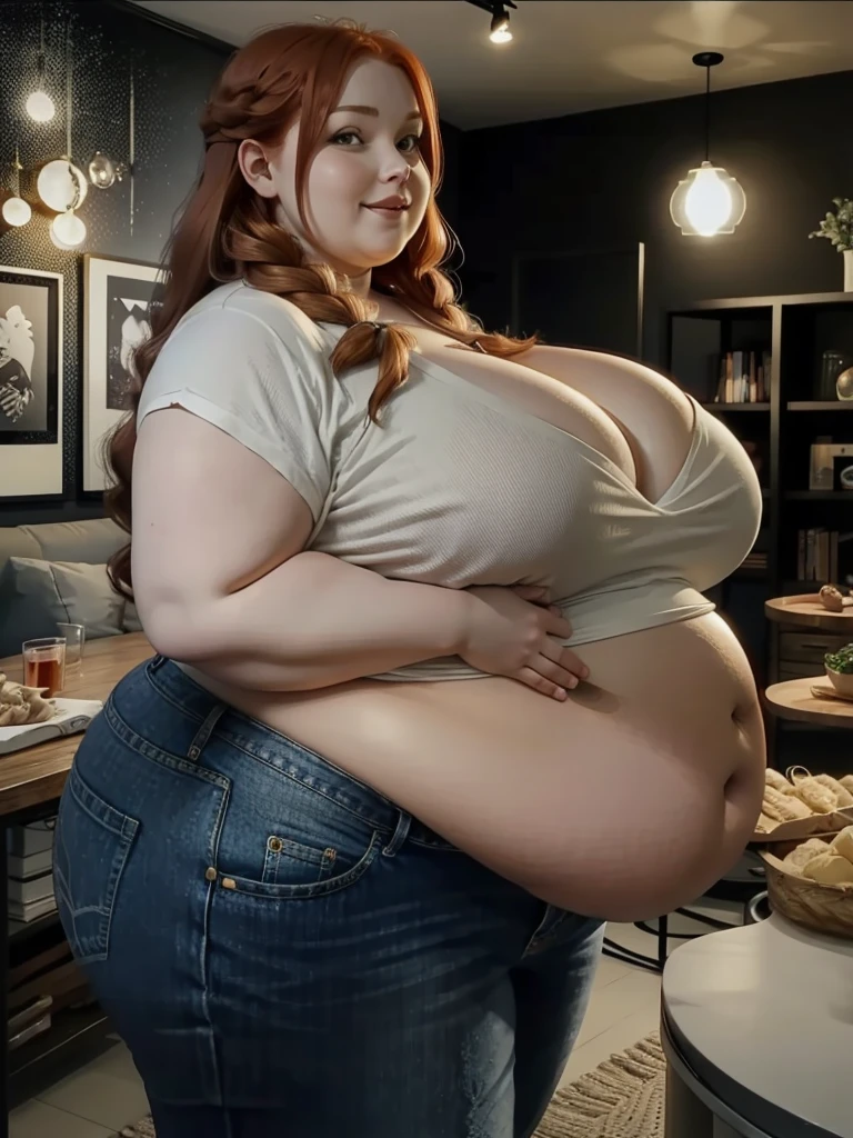 A happy, sidewiev photo of a young redhead ssbbw with long braided ginger hair, very very Huge soft hanging sideview fat belly, her belly hanging over her sideview thights, very obese fat arms, huge  butt, cute pretty face, fat huge breasts in a summer top and unbuttoned jeans, holding her huge hanging belly in a modern livingroom