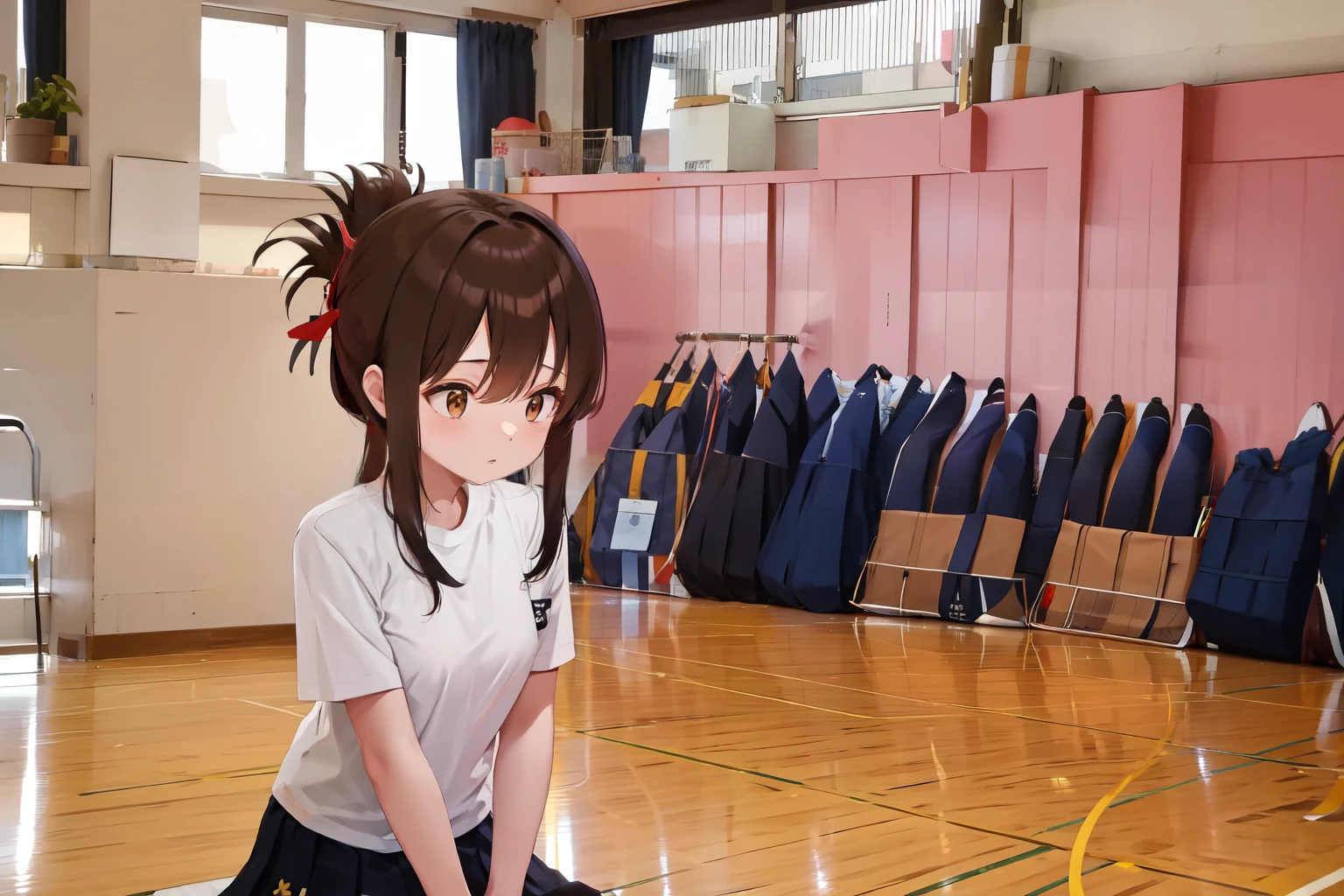 A female student in a sailor uniform sitting on the floor of the gymnasium and watching a physical education class because she feels unwell,(masterpiece, best quality:1.2),illustration,8K,HD,1girl,独奏,upper body,(portrait:1.2),brown_hair,folded_ponytail,brown_eyes,serafuku,long_hair,school_uniform,skirt,pleated_skirt,
