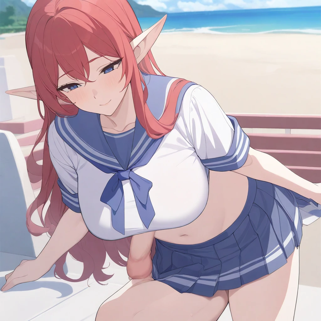 masterpiece, best quality, high quality, beautiful anime character, solo, anime girl with red hair, soft hair, long hair, blue eyes, elf ears, big breasts, mature female, tall female, big girl, thick, (calming face, light smile, loving eyes), outdoors, (sailor uniform, pleated skirt, ribbon), short sleeves, navel, legs, (futanari, futa, dick girl, otonoko, penis under skirt), (penis_under_skirt), (girl having a penis)