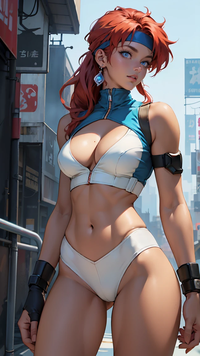 ((Masterpiece, highest quality; 1.3)), super quality, beautiful detail, super detailed, extra fine, 16K, exquisite, absurd, high resolution, beautiful background, detailed background, beautiful eyes, beautiful skin, anime style, Kay from Dirty Pair in a white outfit, tight outfit, cleavage, bushy redhead beauty, very light blue uniform, wearing tight clothes, skimpy, (mid chest: 1.2), cleavage, cleavage, slim waist , thin waist, slim thighs, thin legs, slim legs. thigh gap, showing stomach, skinny, thin hips, cyberpunk city background, holding retro space gun , headband,