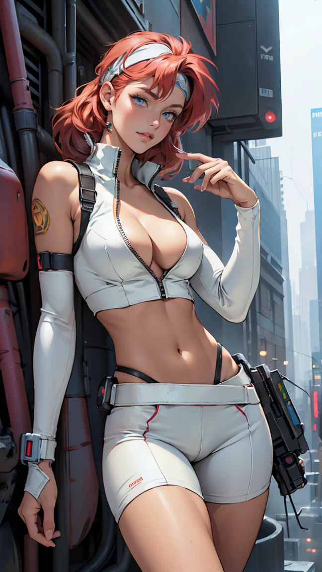 ((Masterpiece, highest quality; 1.3)), super quality, beautiful detail, super detailed, extra fine, 16K, exquisite, absurd, high resolution, beautiful background, detailed background, beautiful eyes, beautiful skin, anime style, Kay from Dirty Pair in a white outfit, tight outfit, cleavage, bushy redhead beauty, very light blue uniform, wearing tight clothes, skimpy, (mid chest: 1.2), cleavage, cleavage, slim waist , thin waist, slim thighs, thin legs, slim legs. thigh gap, showing stomach, skinny, thin hips, cyberpunk city background, holding retro space gun , headband,