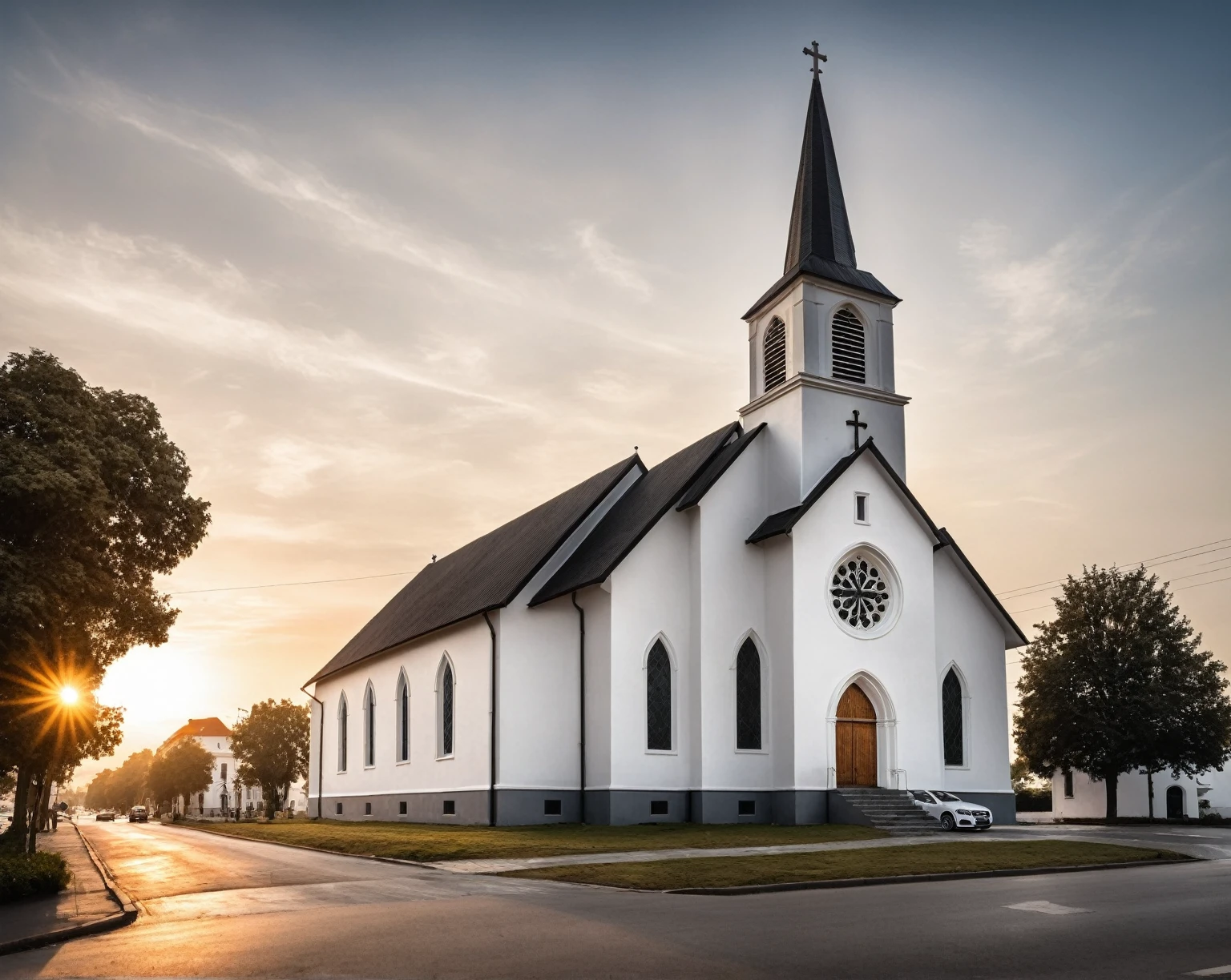 raw photo, best quality, ultra realistic, masterpiece, best quality skin, photography hd, dslr,
tcs, httlvn, modern church, road, people, house, facade design, outdoors, church, white walls, cross on top, dusk, sunshine, street view,