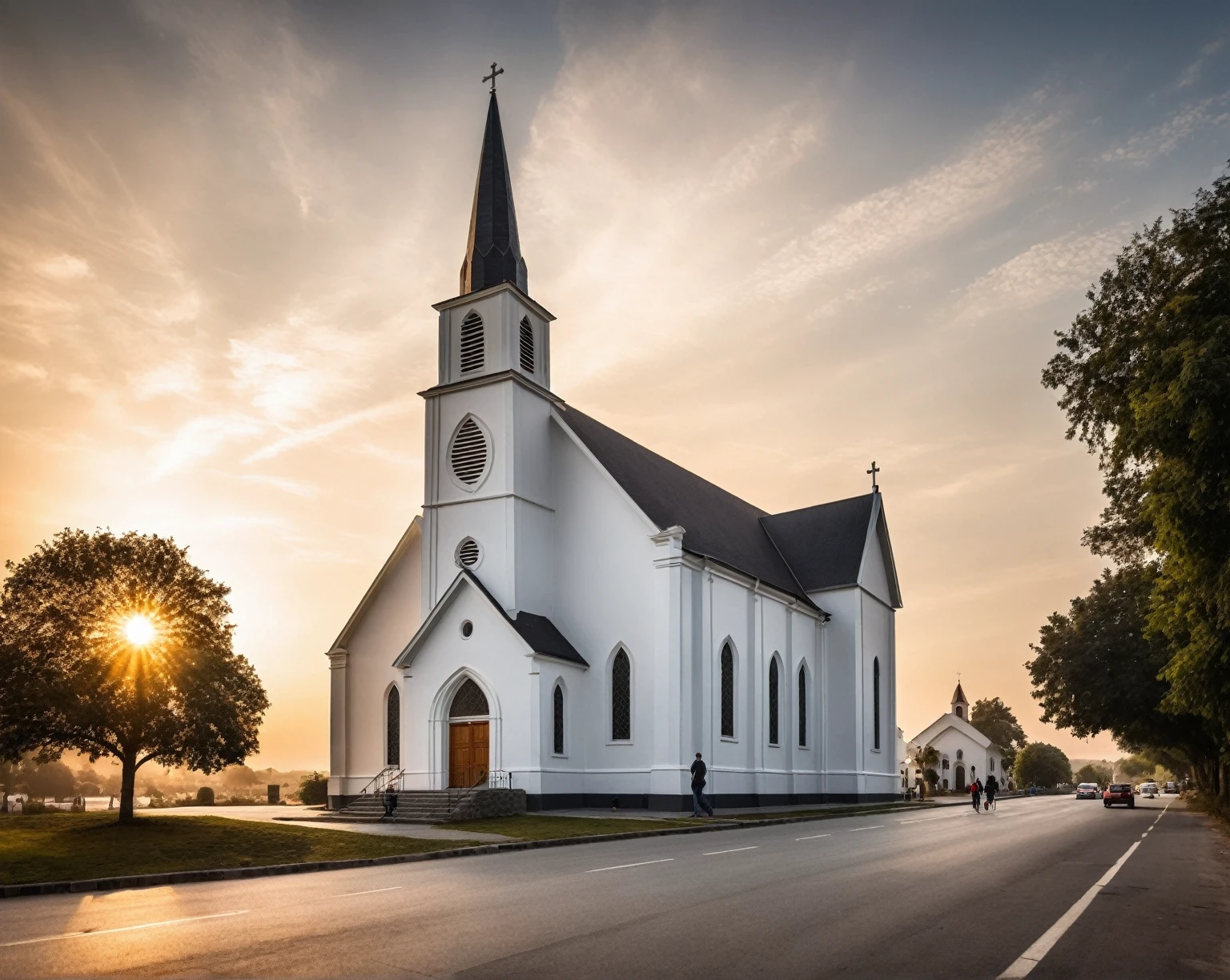 raw photo, best quality, ultra realistic, masterpiece, best quality skin, photography hd, dslr,
tcs, httlvn, modern church, road, people, house, facade design, outdoors, church, white walls, cross on top, dusk, sunshine, street view,