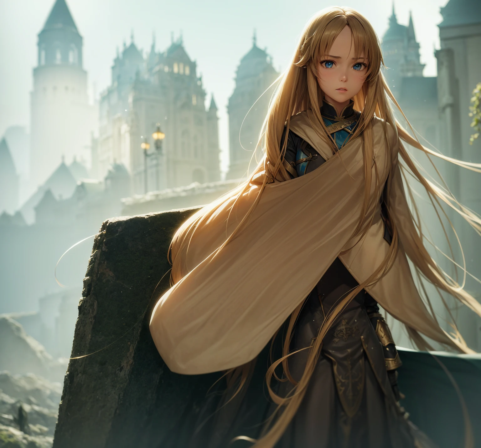 Asuna, beautiful girl in Sword Art Online, detailed face, long brown hair, blue eyes, detailed sword, fantasy medieval castle, sunlight rays, intricate armor, dramatic lighting, cinematic composition, digital art, vibrant colors, photorealistic, hyper detailed, 8k, (best quality,4k,8k,highres,masterpiece:1.2),ultra-detailed,(realistic,photorealistic,photo-realistic:1.37)