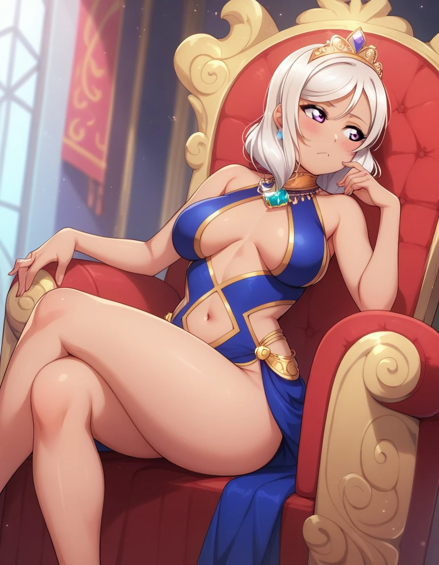 Maki nishikino,love live, highres, shiny white hair , purple eyes,blush , closed mouth, sitting on throne, crossed legs, elbow support, bare shoulders dress, vertical cutout,navel, breasts apart, slightly dark skin,thighs , looking away, bored, (sagging breasts:0.7), head tilt ,tiara, queen