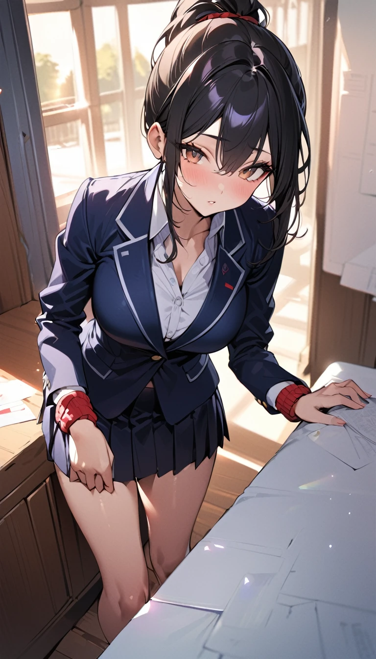 (best quality), (very aesthetic), (ultra-detailed), (best illustration), 1 girl, Solo, fine texture, black hair, long ponytail hair, (large breasts1.2), light brown eyes, collared shirt, blazer, pleated skirt, , bow,red bracelet, school,sharp look