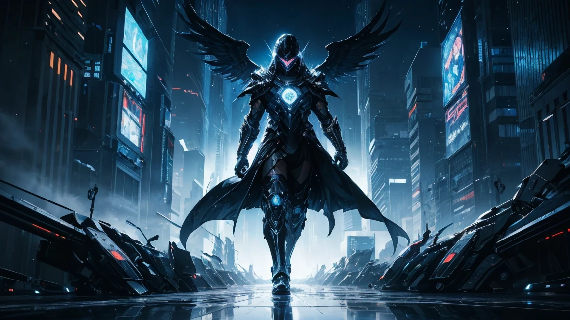 ((masterpiece, Highest quality, Best image quality, High resolution、４ｋ)) One black masked angel、Black evil wings、Glowing halo、Huge railgun、Cyberface。Flowing White Cyber Robe、god々Shining with a bright light。Shiny advanced cybernetic enhancements. Seen in dynamic action poses, reflection on a smooth surface. The cityscape below is filled with towering skyscrapers., illuminated by colorful holographic advertisements, Shining with blue energy, Mighty power. The overall atmosphere is dark and mysterious., It had a futuristic techno vibe.. The lighting is dramatic, Intense highlights and deep shadows, Creates depth and tension