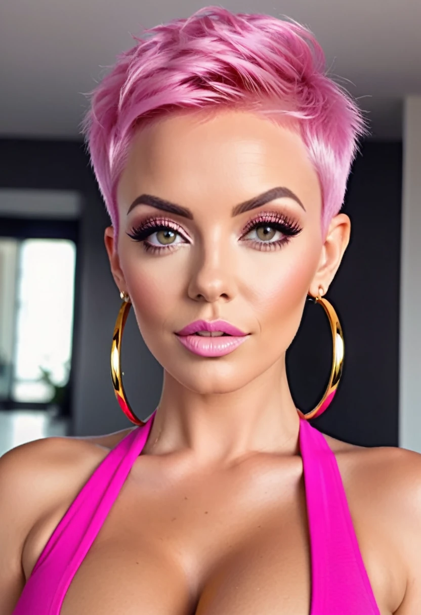 Pink sexy fitness bimbo, 32 years old, bubble butt, buzz cut short pink pixie hair, big golden hoop earrings. Stunningly perfect gorgeous face, perfect makeup, detailed vibrant eyes. Bolt on round breast implants, cleavage. Wedge sandals. Full body shot, wide angle.