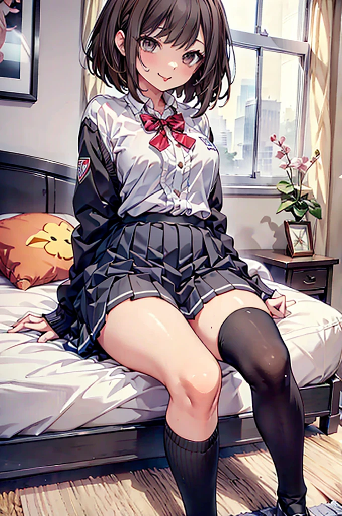 Tongue licking, black knee-high socks, big , uniform, brown hair, M-shaped legs, blouse, pleated skirt, bedroom