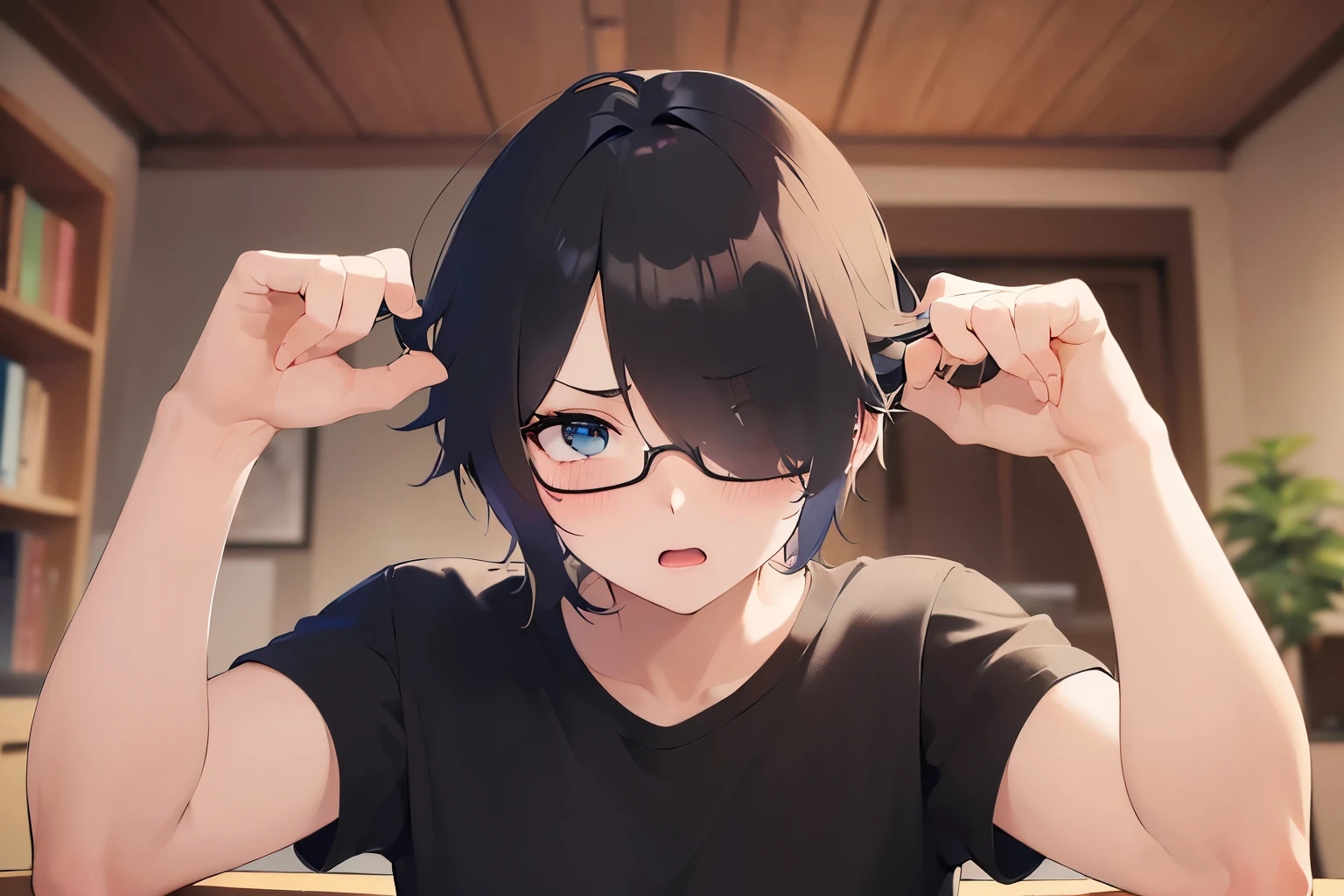 hand up, plastic frame eyewear、upper body、shiny skin, masterpiece、Highest quality、(25-year-old male:1.5) and (Black short hair) and (blue eyes), Hair over one eye, (Black T-shirt)、angry, (blush:1.3), open mouth, The background is the living room、(Alone:1.5)、Are standing