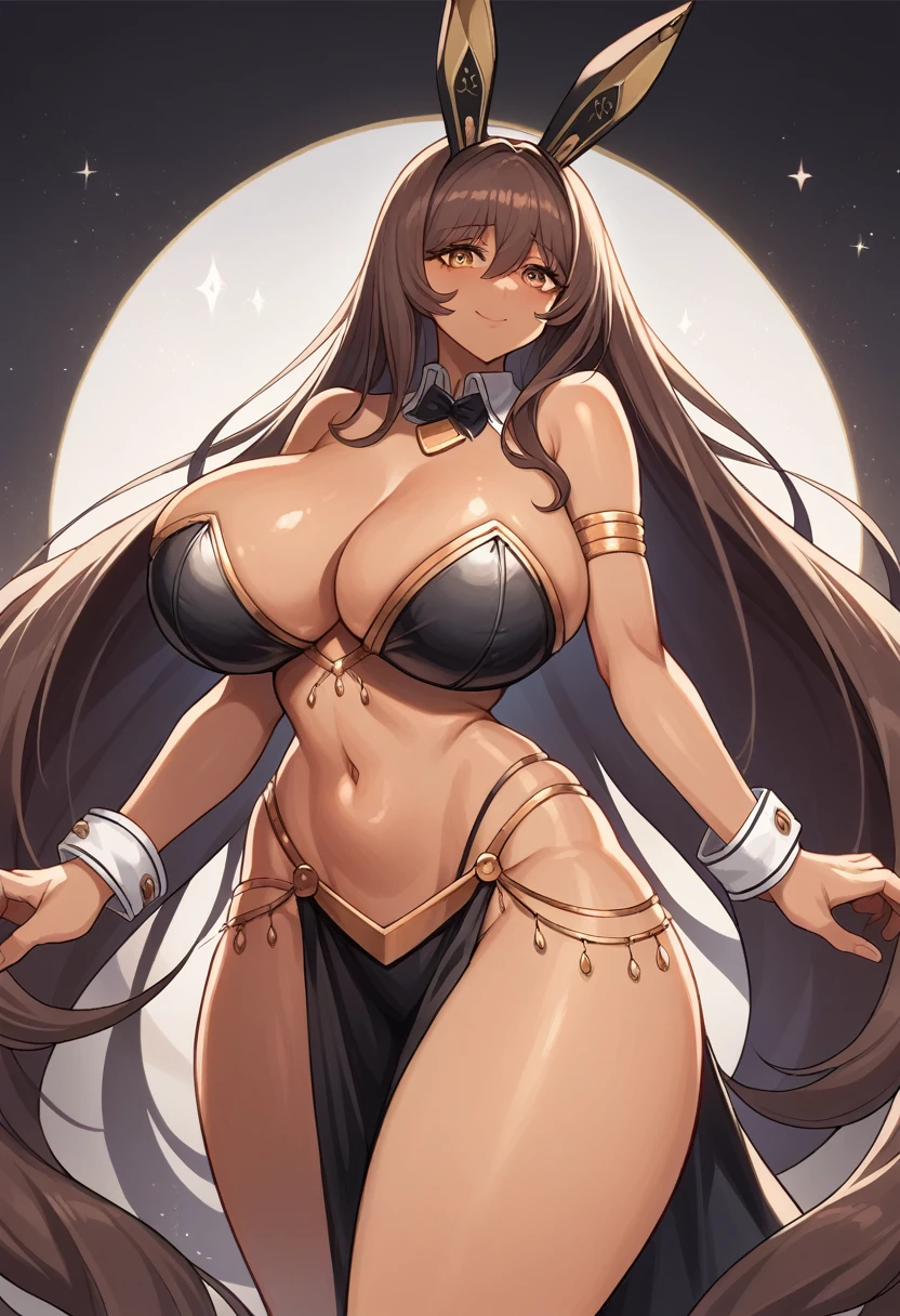 luxury background, source_anime, (1girl, solo, solo focus), noir, huge breasts, wide hips, narrow waist, thick thighs, very long hair, tan, light smile, rabbit ears, dancer outfit, detailed background, nightclub background, perfect eyes, detailed eyes