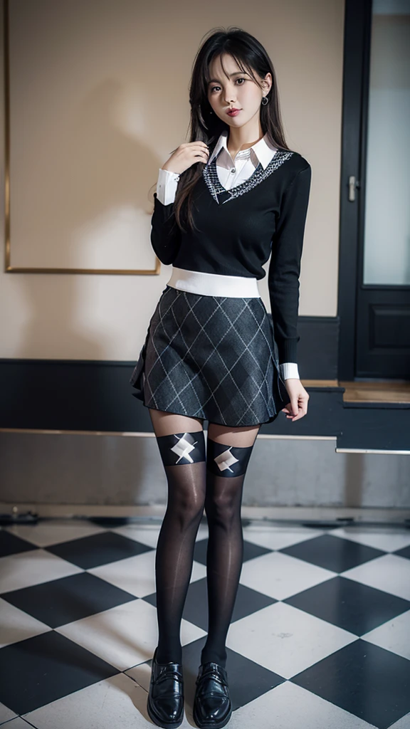 black pantyhose, skirt, (argyle legwear:1.3), argyle