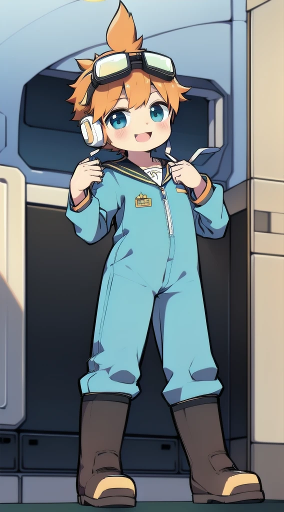 2D Shonen Shota，Dark green jumpsuit，Slim, healthy body，Put the headphones on your head，stand up，goggles，Rabbit ears，Happy，Sailor collar，boots，charming，Akimbo