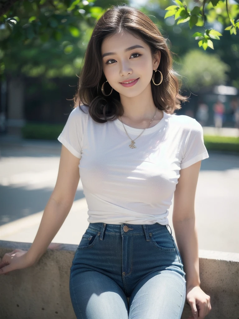 ((((top-quality))))、(((Ultra Precision CG16K Wallpapers)))、(((​masterpiece)))、(((Ultra-detail)))、(((Ultra-extreme details)))、One woman、a matural female、a 25yo woman、((Japanese face))、((extremely beautiful face))、((assist々Kiki:1.8))、((Semi-long cut:1.2))、(curly hair)、Bangs up to the eyebrows、Beautiful brown hair、Beautiful delicate eyes、Brown eyes、lofty nose、small nostrils、seductive lips、slightly open mouth、Beautiful breasts、C-cup size breasts、cleavage of the breast、Plump body、perfectly proportions、perfect anatomia、Beautiful and detailed shading、Beautiful natural lighting、Beautiful detail glow、depth of fields、(((a high chroma)))、((realisitic:1.9))、((vivid：1.4))、((Beautiful skin))、((Skin texture))、((Realistic skin feeling))、perfect-composition、((cowboy  shot))、((Angle of view from the front))、((a smile:1.2))、(Staring eyes)、Bright sunshine、((a park:1.2))、(Background blur)、((tshirts、Skinny Jeans:1.5))、(a necklace)、(earrings)、((beautiful thigh:1.5))、