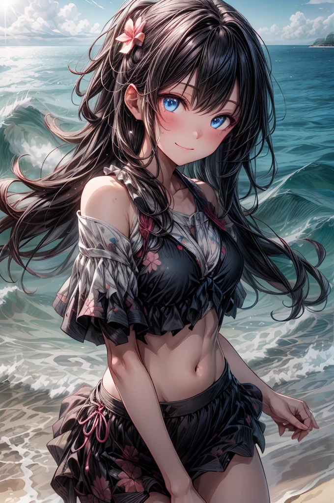 masterpiece, best quality, extremely detailed CG unity 8k wallpaper, Sandy Beach、Ride on a floating ring、Bikini Skirt, pink swimsuit、 Golden Ratio、 sunny, blue sky, Outdoor, 斬新なデザインのSwimwear, 色とりどりのSwimwear, Polka dot pattern, Floral,(Tabletop.Highest quality).(Cowboy Shot). (Amazingly detailed CG paintings),(Perfect Image)、smile, smile, Comic Strip, ((Two Girls)), Detailed face、Perfect Face.Delicate face、Textured skin、Colorful hair colors, Cat ear girl、((Beautiful Blue Eyes)).Delicate and beautiful eyes、The eyes are detailed、Reflective Eyes、Watery eye、smile.(Gazing at the audience:1.3).(My face got a little red:0.8)、8k wallpaper、(((Cowboy Shot)))、reflected light、Attention to detail、Complex、Delicate background、Textured skin、Detailed skin、Swimwear, ((カラフルなSwimwear)), リアリスティックなSwimwear, 質感のあるSwimwear, 超高精細なSwimwear, ((Realistic Ocean)), ribbon, Floral, Aloha pattern, One Shoulder, カラフルなSwimwear, クリスタルなSwimwear, Lens flare