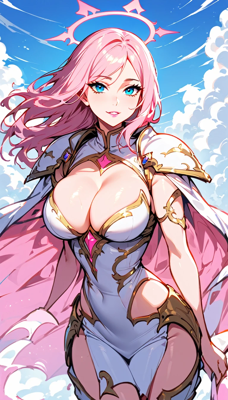(high quality, 8k, 4K, high contrast, artwork:1.2, high quality, best aesthetics), (centered), ((1 woman)), erotic, sensual, mature body, adult body, adult woman, fleshy woman, super detailed, beautiful face detailed, beautiful eyes detailed, detailed beautiful mouth, (light pink hair, long light pink hair, wavy light pink hair), (blue eyes), (white medieval armor with pink details), (pink ruffed skirt), (shoulder pads), (cleavage on breasts), (long white cape), (coxas expostas), (pink angel halo), (calm expression), (standing), (looking at the viewer), (above the clouds), (clear blue sky), (front view)