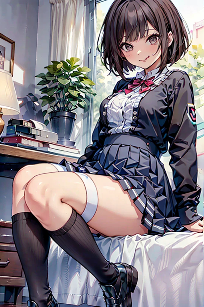 Tongue licking, black knee-high socks, big , uniform, brown hair, M-shaped legs, blouse, pleated skirt, bedroom