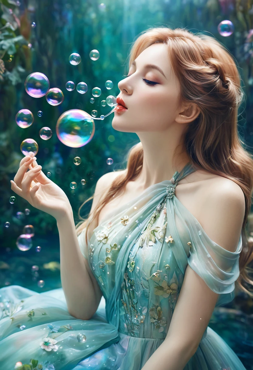 A painting，The painting shows a woman in a dress blowing bubbles, Loish and Wallop, ethereal bubbles, Mobis + Loish + Wallop, Dreamy and detailed, intricate Wallop, closeup fantasy with water magic, fairytale artwork, fairytale painting, Anna Dittmann (Anna Dittmann) style, Wallop art, Realistic fantasy, Artgerm Julie Bell Beeple