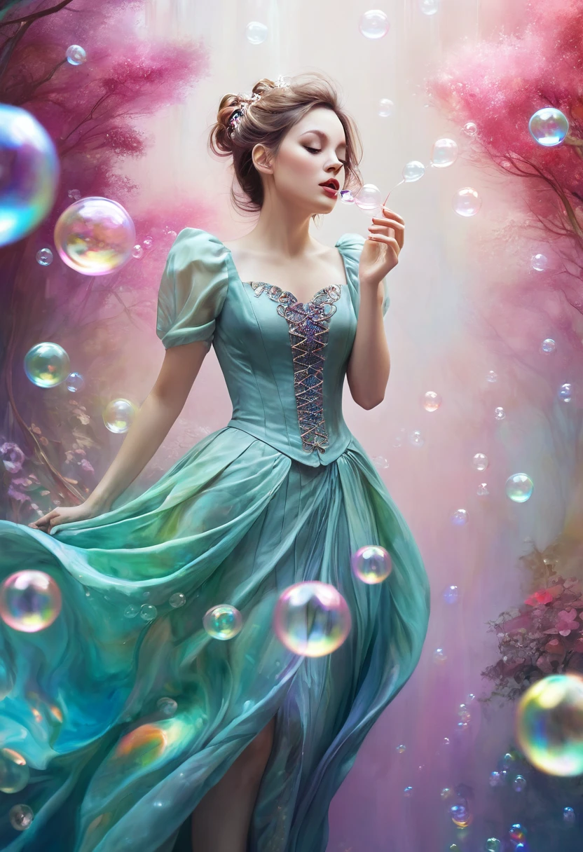 A painting，The painting shows a woman in a dress blowing bubbles, Loish and Wallop, ethereal bubbles, Mobis + Loish + Wallop, Dreamy and detailed, intricate Wallop, closeup fantasy with water magic, fairytale artwork, fairytale painting, Anna Dittmann (Anna Dittmann) style, Wallop art, Realistic fantasy, Artgerm Julie Bell Beeple