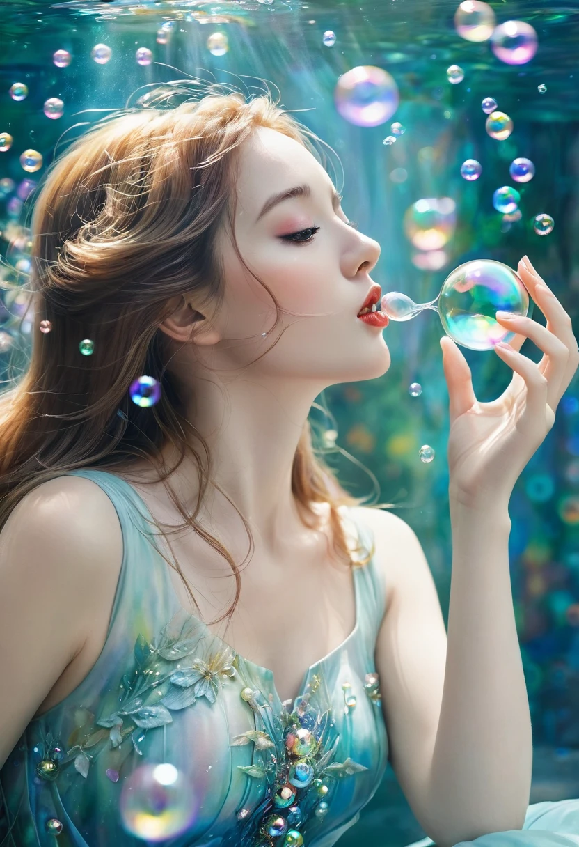 A painting,The painting shows a woman in a dress blowing bubbles, Loish and Wallop, ethereal bubbles, Mobis + Loish + Wallop, Dreamy and detailed, intricate Wallop, closeup fantasy with water magic, fairytale artwork, fairytale painting, Anna Dittmann (Anna Dittmann) style, Wallop art, Realistic fantasy, Artgerm Julie Bell Beeple