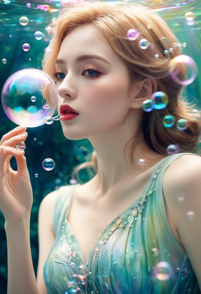 A painting,The painting shows a woman in a dress blowing bubbles, Loish and Wallop, ethereal bubbles, Mobis + Loish + Wallop, Dreamy and detailed, intricate Wallop, closeup fantasy with water magic, fairytale artwork, fairytale painting, Anna Dittmann (Anna Dittmann) style, Wallop art, Realistic fantasy, Artgerm Julie Bell Beeple