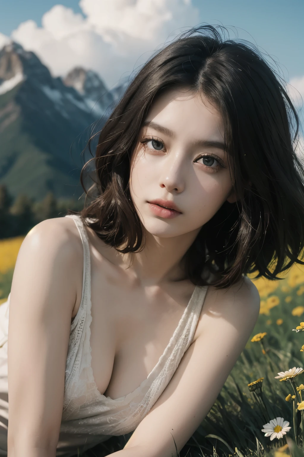 ((style:pure+Surrealism)，White skin texture，Bright eyes)，Chiaroscuro，High quality，Ultra-high-definition picture quality，High nose bridge，Dynamic Angle，Clouds and mountains，Flower field prospects，Ray Tracing，Realistically，Official Art，Unity 8k Wallpaper，Extremely detailed，Beautiful and beautiful，masterpiece，Best quality，Radiant Skin，light，Full Body Love，sideways，Nature。