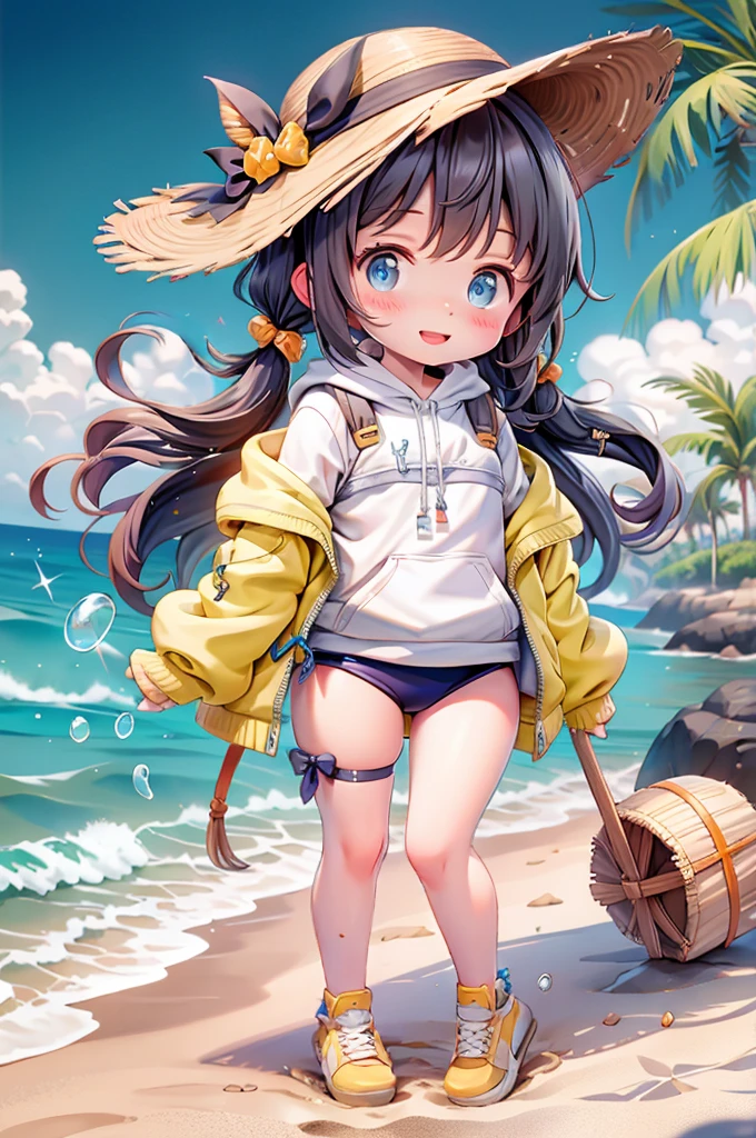 Follow Us, Yuki mandarin orange, (Brown eyes:1.5), Brown Hair, hair ornaments, hair scrunchie, Long Hair, (Flat Chest:1.2),happy smile, smile, Open your mouth,
Open your mouth,School Swimsuit,Straw hat,Holding a swim ring in both hands,True Summer,Palm tree,Are standing break looking at viewer, whole body, break outdoors, Sandy Beach,Beach, break (masterpiece:1.2), Highest quality, High resolution, unity 8k wallpaper, (shape:0.8), (Beautiful and beautiful eyes:1.6), Highly detailed face, Perfect lighting, Extremely detailed CG, (Perfect hands, Perfect Anatomy),