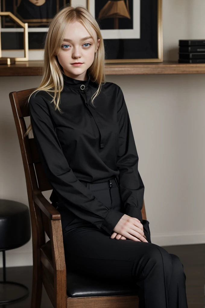 Beautiful blonde girl identical to Dakota fanning wearing black pants and a black T-shirt with long sleeves and a high collar sitting on a chair and holding a rifle in her right hand 