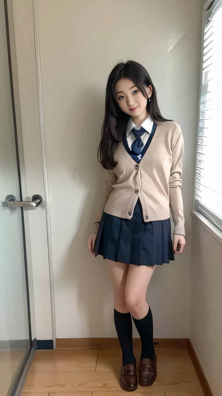 Realistic, photo-Realistic:1.4),(Highest quality,masterpiece),RAW Photos, High resolution, Intricate details, In detail, Cinema Lighting, (whole body, Front view:1.5), A 16-year-old Japanese girl is standing, Leaning against the wall outside the classroom, , slim, thin, Thin legs, (cardigan, skirt, Wearing the Tokiwadai School uniform:1.4), Black Hair,