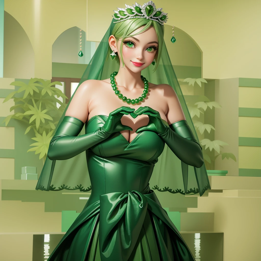 Emerald tiara, Green Pearl Necklace, ボーイッシュな非常に短いGreen Hair, Green Lips, Smiling Japanese woman, Very short hair, Busty beautiful lady, Green Eyes, Green satin long gloves, Green Eyes, Emerald Earrings, Green veil, Heart with both hands, Green Hair, Beautiful Japanese Woman, Heart shaped hands:1.3, green lip gloss