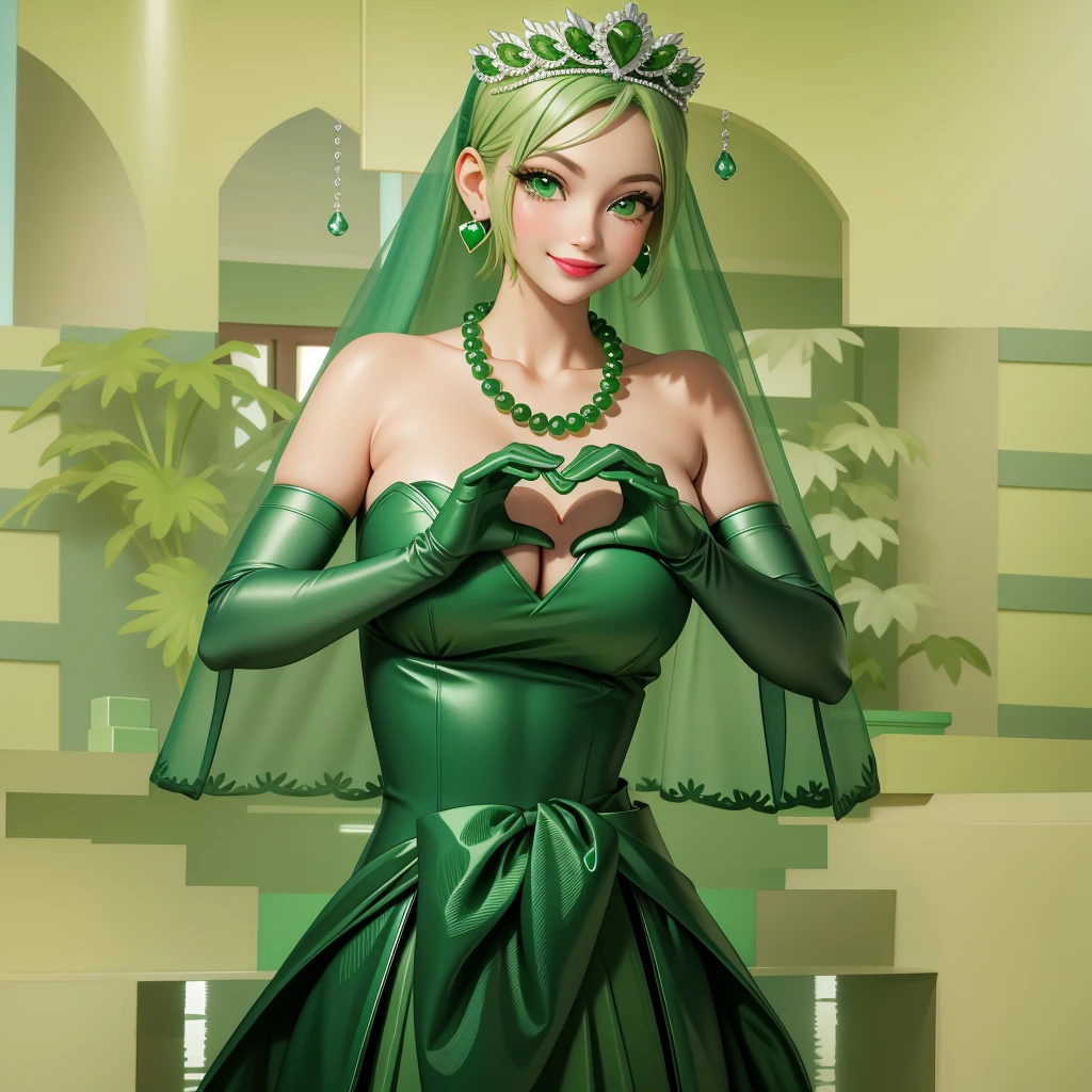 Emerald tiara, Green Pearl Necklace, ボーイッシュな非常に短いGreen Hair, Green Lips, Smiling Japanese woman, Very short hair, Busty beautiful lady, Green Eyes, Green satin long gloves, Green Eyes, Emerald Earrings, Green veil, Heart with both hands, Green Hair, Beautiful Japanese Woman, Heart shaped hands:1.3, green lip gloss