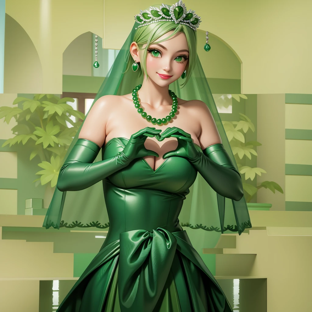 Emerald tiara, Green Pearl Necklace, ボーイッシュな非常に短いGreen Hair, Green Lips, Smiling Japanese woman, Very short hair, Busty beautiful lady, Green Eyes, Green satin long gloves, Green Eyes, Emerald Earrings, Green veil, Heart with both hands, Green Hair, Beautiful Japanese Woman, Heart shaped hands:1.3, green lip gloss