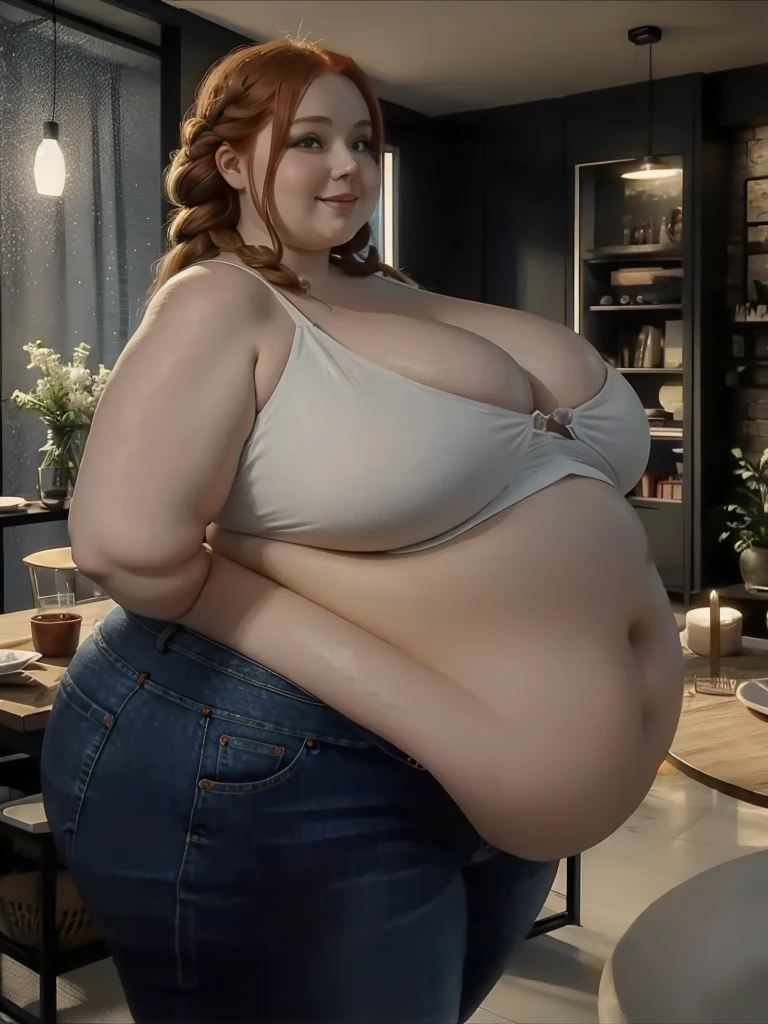 A happy, sidewiev photo of a young redhead ssbbw with long braided ginger hair, very very Huge soft hanging sideview fat belly, her belly hanging over her sideview thights, very obese fat arms, huge butt, cute pretty face, fat huge breasts in a summer top and unbuttoned jeans, holding her huge hanging belly in a modern livingroom