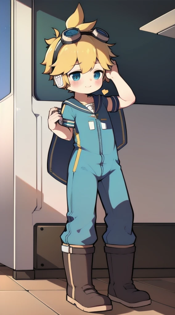 2D Shonen Shota，Dark green jumpsuit，Slim, healthy body，Put the headphones on your head，stand up，goggles，Rabbit ears，Happy，Sailor collar，boots，charming，Akimbo
