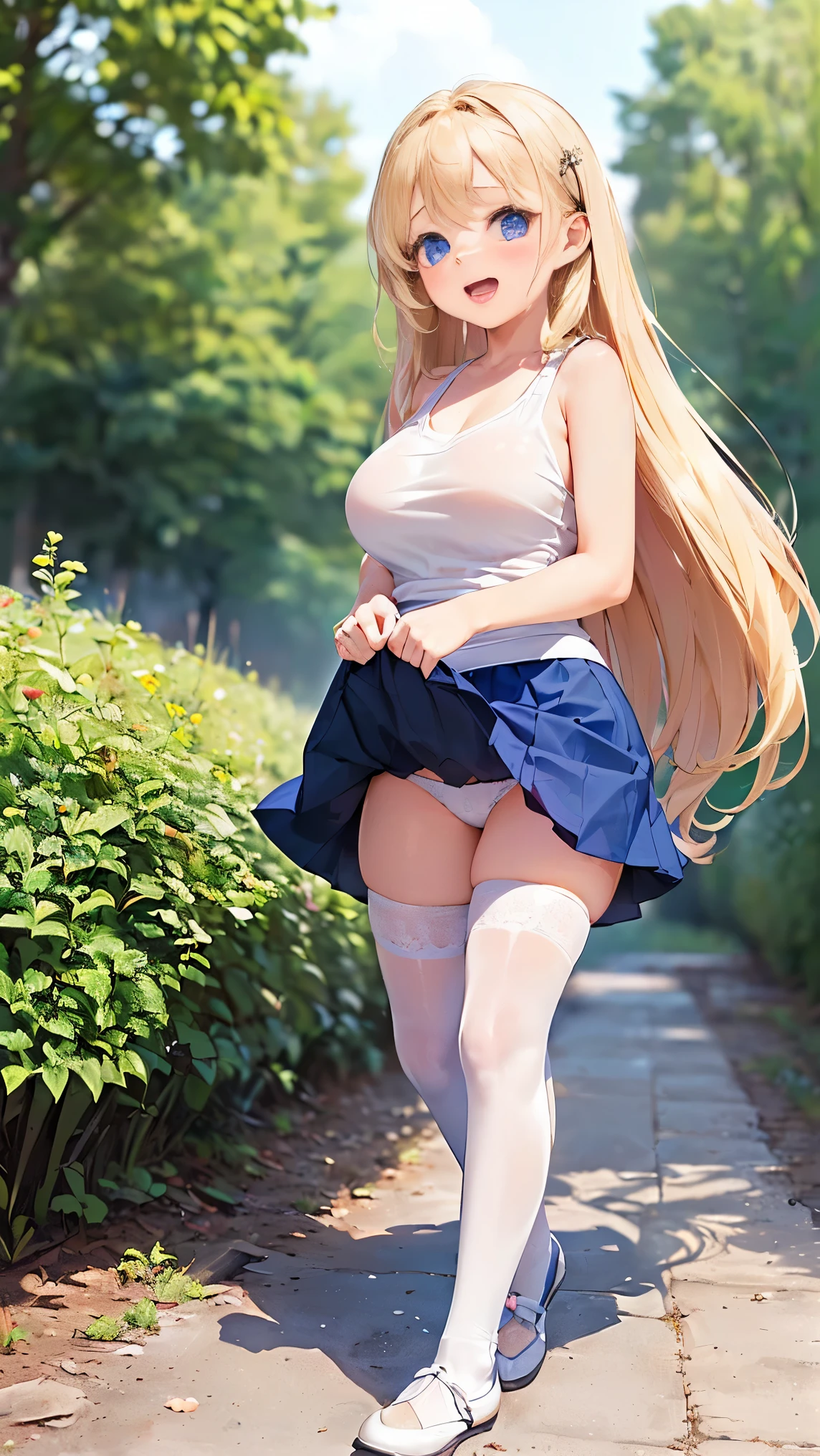 best quality,1girl,((big breasts:1.3)),((((ite,10 ittle girl:1.5urvy,orgasm,blush,blue eyes,((blonde hair,long hair,straight hair:1.3)),((white tank top,blue skirt,mini skirt,lift skirt,upskirt,white panties,black thighhighs:1.1)),((walking1.3)),see through,garden