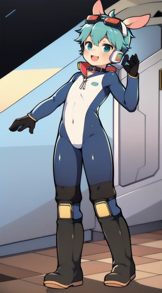 2D Shonen Shota,Dark green diving suit,Slim, healthy body,Put the headphones on your head,stand up,goggles,Rabbit ears,Happy,Sailor collar,boots,charming,Akimbo