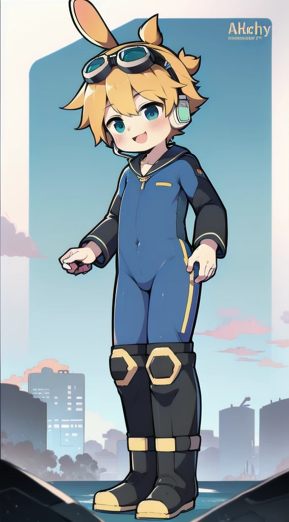 2D Shonen Shota，Dark green diving suit，Slim, healthy body，Put the headphones on your head，stand up，goggles，Rabbit ears，Happy，Sailor collar，boots，charming，Akimbo