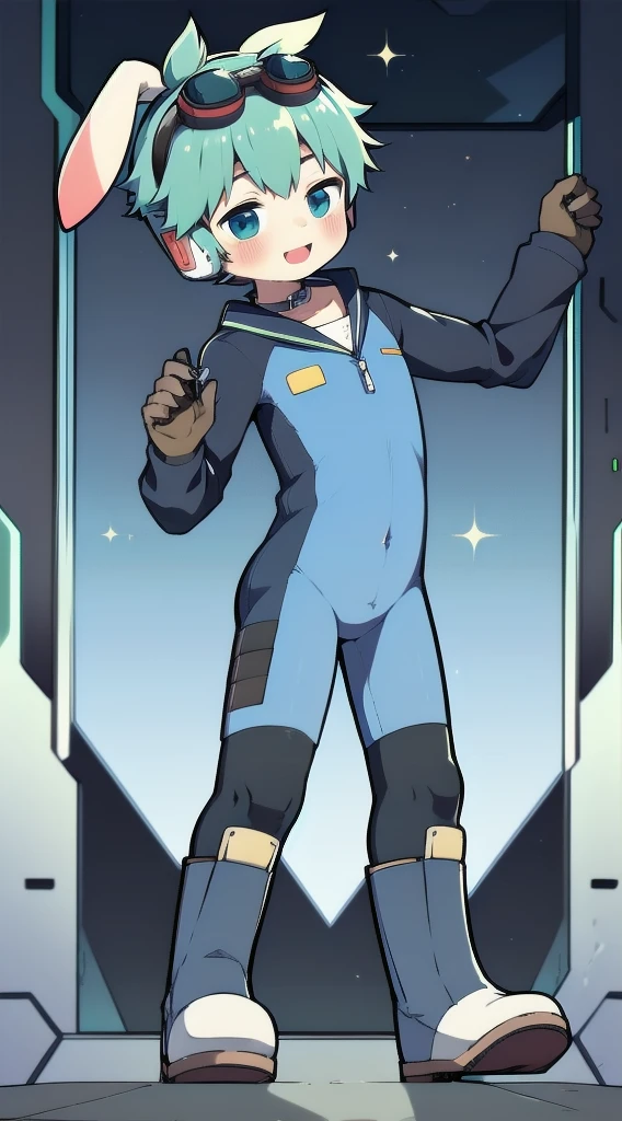 2D Shonen Shota,Dark green diving suit,Slim, healthy body,Put the headphones on your head,stand up,goggles,Rabbit ears,Happy,Sailor collar,boots,charming,Akimbo
