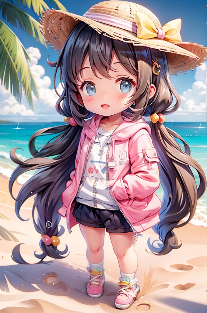 Follow Us, Yuki mandarin orange, (Brown eyes:1.5), Brown Hair, hair ornaments, hair scrunchie, Long Hair, (Flat Chest:1.2),happy smile, smile, Open your mouth,
Open your mouth,School Swimsuit,Straw hat,Holding a swim ring in both hands,True Summer,Palm tree,Are standing　　　　　　　　　　　　　　　　　break looking at viewer, whole body, 　　　　　　　　break outdoors, Sandy Beach,Beach,　　　　　　　　　　 break (masterpiece:1.2), Highest quality, High resolution, unity 8k wallpaper, (shape:0.8), (Beautiful and beautiful eyes:1.6), Highly detailed face, Perfect lighting, Extremely detailed CG, (Perfect hands, Perfect Anatomy),