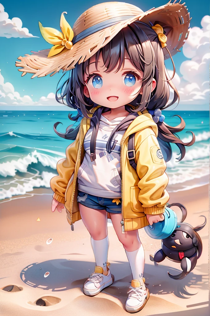 Follow Us, Yuki mandarin orange, (Brown eyes:1.5), Brown Hair, hair ornaments, hair scrunchie, Long Hair, (Flat Chest:1.2),happy smile, smile, Open your mouth,
Open your mouth,School Swimsuit,Straw hat,Holding a swim ring in both hands,True Summer,Palm tree,Are standing　　　　　　　　　　　　　　　　　break looking at viewer, whole body, 　　　　　　　　break outdoors, Sandy Beach,Beach,　　　　　　　　　　 break (masterpiece:1.2), Highest quality, High resolution, unity 8k wallpaper, (shape:0.8), (Beautiful and beautiful eyes:1.6), Highly detailed face, Perfect lighting, Extremely detailed CG, (Perfect hands, Perfect Anatomy),