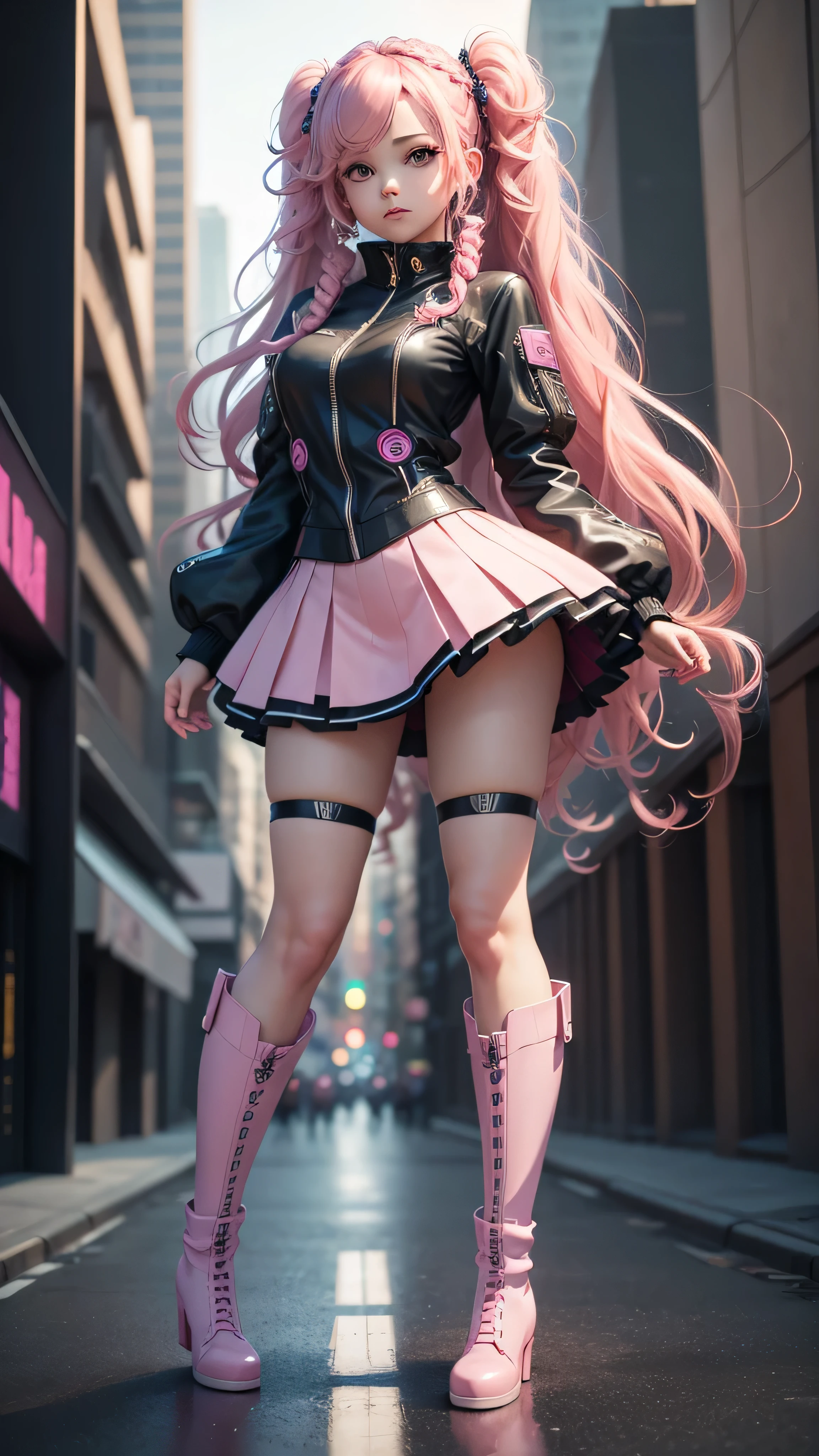 high resolution, best qualityer, work of art, very high image quality, ultra detali, hyper realist, 3d, アニメ, illustrations, fancy, hard rock girl, very beautiful cute, pink wavy hair, side braid, mini-skirt, Knee socks, engineer boots, cyber punk galaxy city background