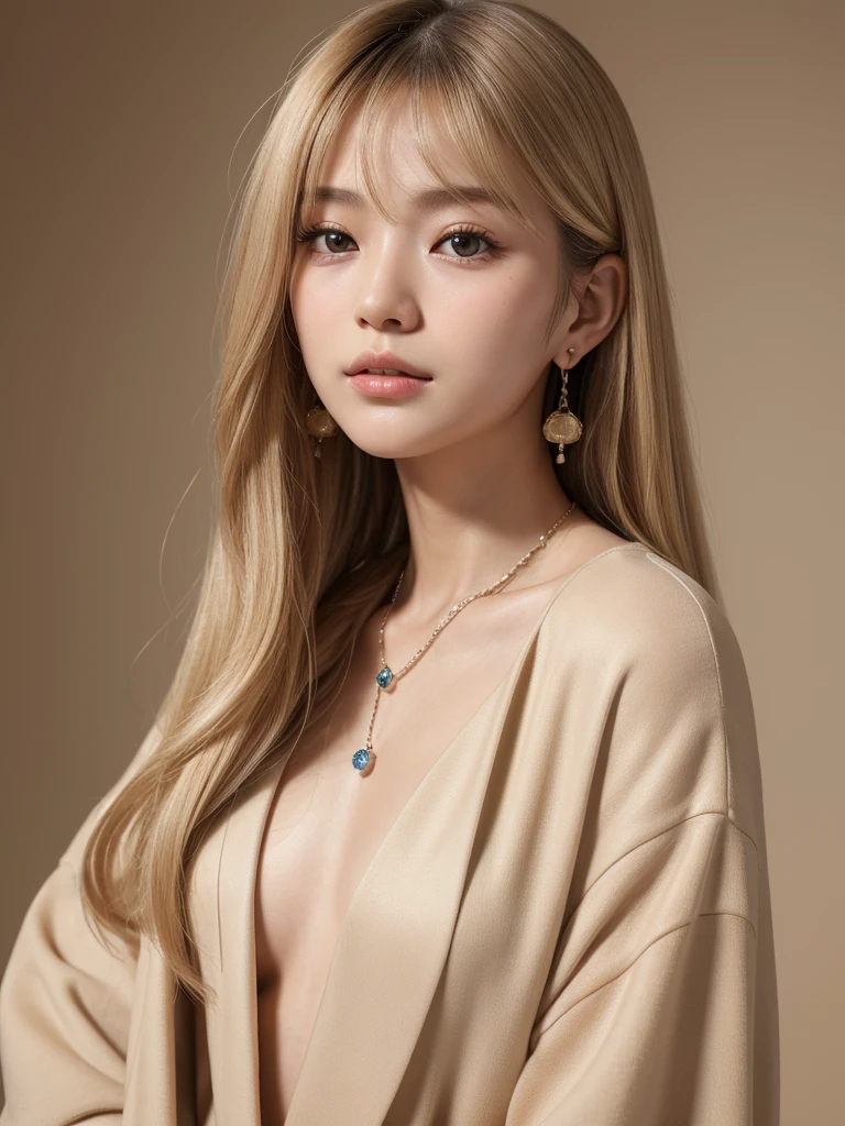 ((Highest quality, 8K, masterpiece:1.3)), concentrated: 1.2, Perfect Body Beauty: 1.4, Hip: 1.2, ((Long Hair, chest: 1.2)), (Dry clothes: 1.1) , (clear, Simple Background:1.3), Simple clothes: 1.1, Highly detailed face and skin texture,Delicate eyes, double eyelid, White skin, Rough skin、Long Hair、Bangs with earrings、necklace、 alone、Beige coat、White shirt, (((Cute Japanese Girl)))、 ((Beautiful Japanese woman 20 years old))、 ((Baby Face))、 (((Slender body)))、 Upper Body,Face Focus、necklace,Simple Background,From above, Realistic Hair、 The photo was taken:Canon EOS R6、135mm、1/1250 seconds、F2.8、ISO400、(Detailed description of the hand)、(Masseter region)、(Exquisite CGI)、Long Hair, loose and curly hair、Korean Hair、(blonde)、ゆるふわLong Hairスタイル、